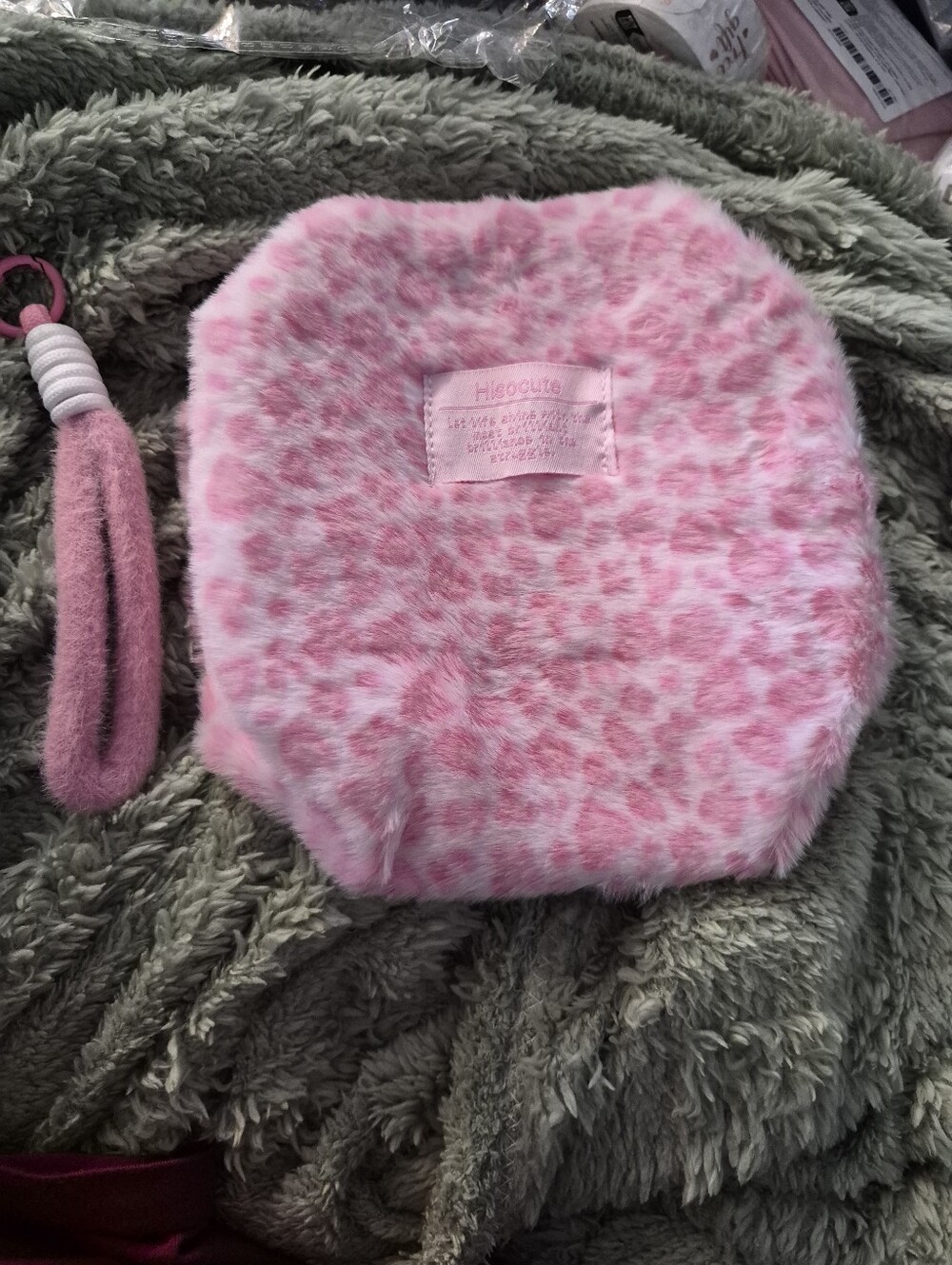 Kids Pink Faux Fur Leopard Print Coin Pouch with Wrist Strap